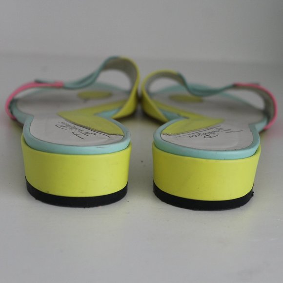 RARE RETRO Emilio Pucci Colorblock Leather Yellow Pink Green Slides Sandals 37.5 - Picture 7 of 11